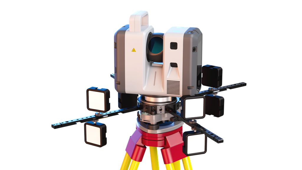 Omni360 adapter with RTC stub top adapter, protective bars and LED lights on a tripod – view 5